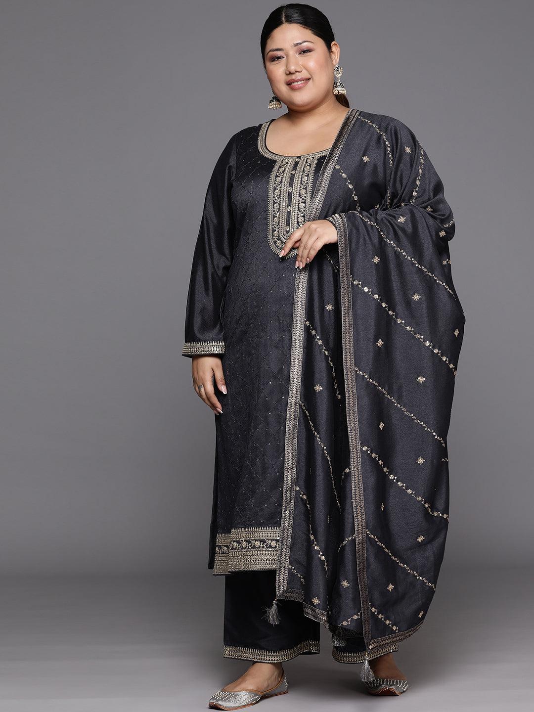 Plus Size Grey Embroidered Silk Blend Straight Suit Set - Jashvi