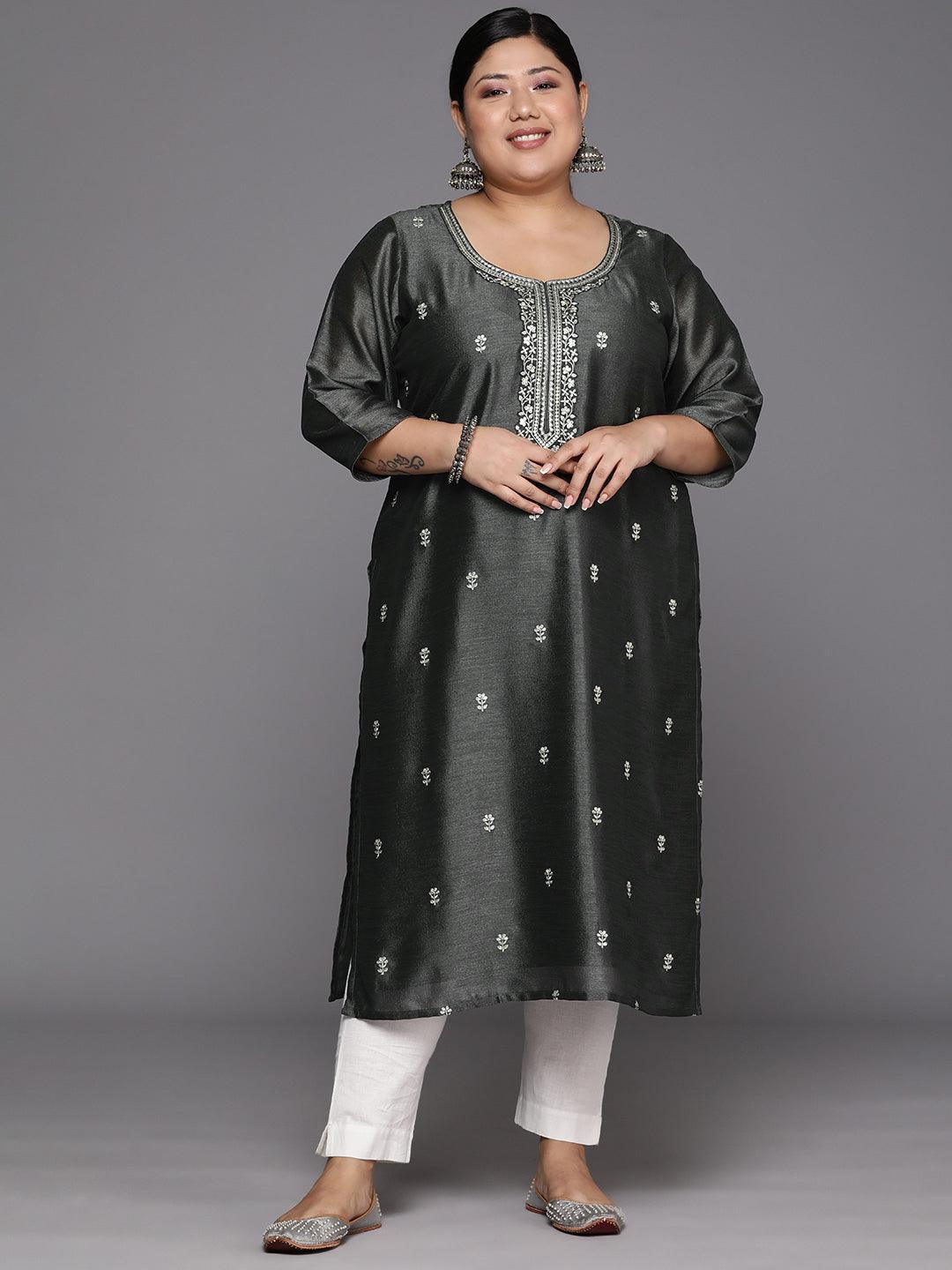 Plus Size Grey Embroidered Silk Straight Kurta - Jashvi