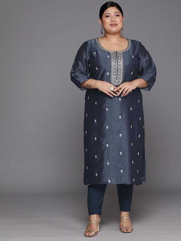 Plus Size Grey Embroidered Silk Straight Kurta - Jashvi