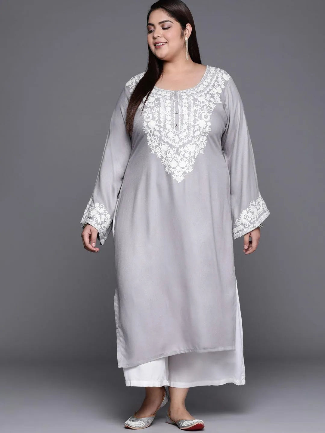 Plus Size Grey Embroidered Wool Kurta - Jashvi