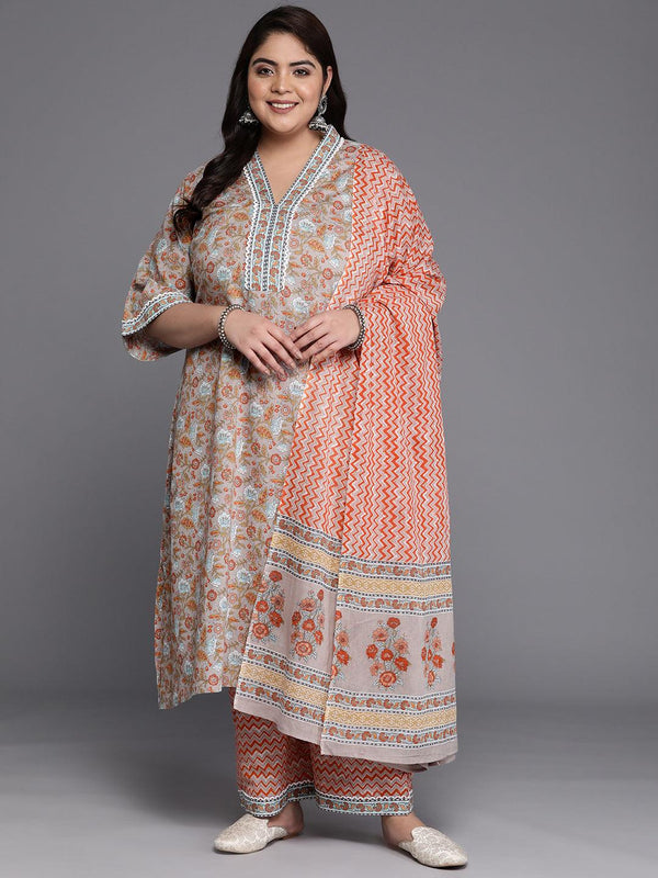 Plus Size Grey Printed Cotton A-Line Suit Set - Jashvi