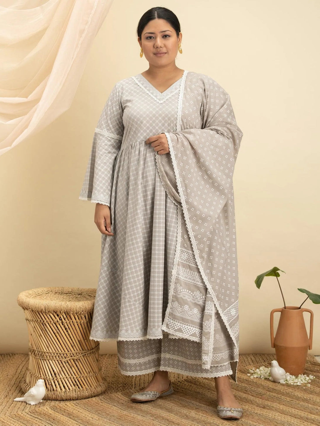 Plus Size Grey Printed Cotton Suit Set - Jashvi