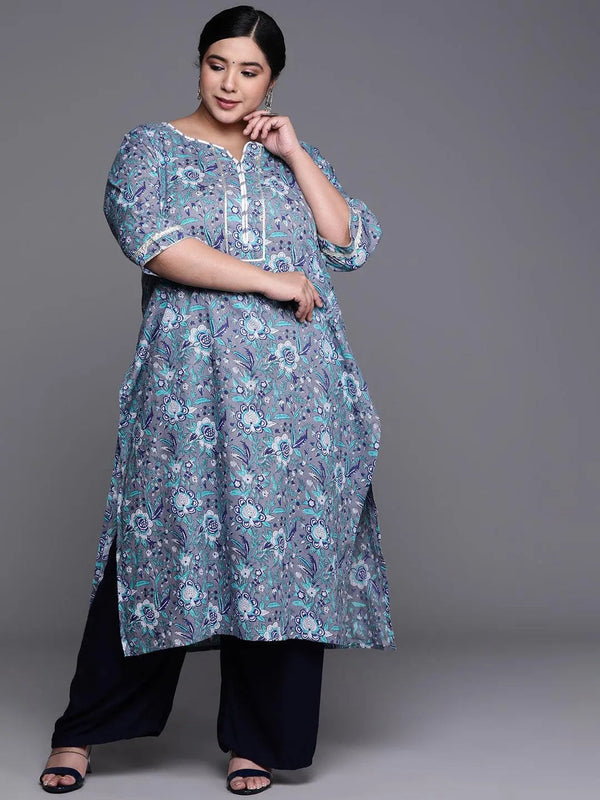 Plus Size Grey Printed Cotton Kurta - Jashvi