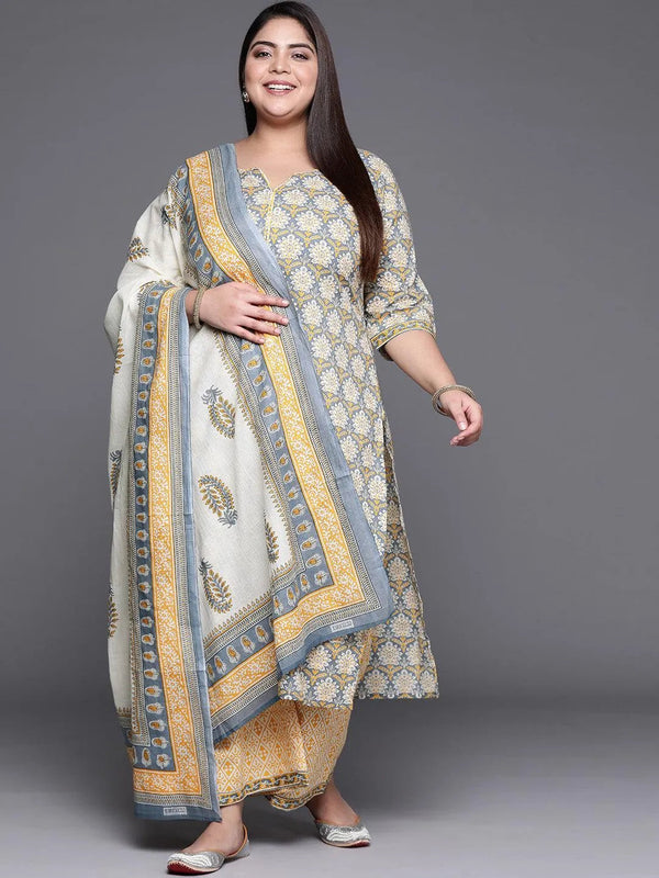 Plus Size Grey Printed Cotton Suit Set - Jashvi