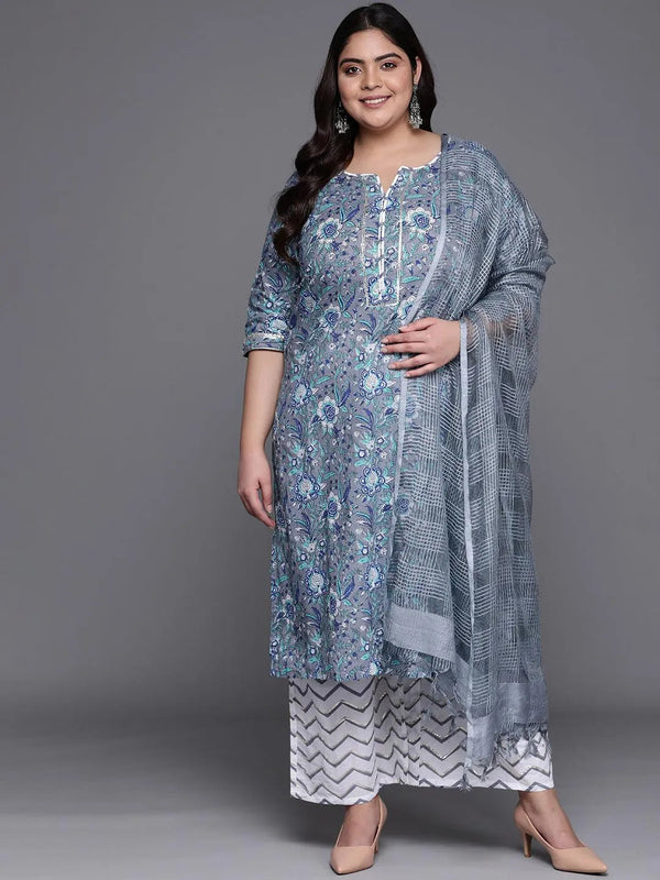 Plus Size Grey Printed Cotton Straight Kurta With Palazzos & Dupatta