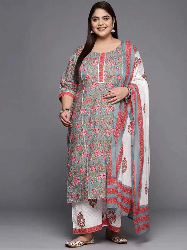 Plus Size Grey Printed Cotton Straight Suit Set - Jashvi