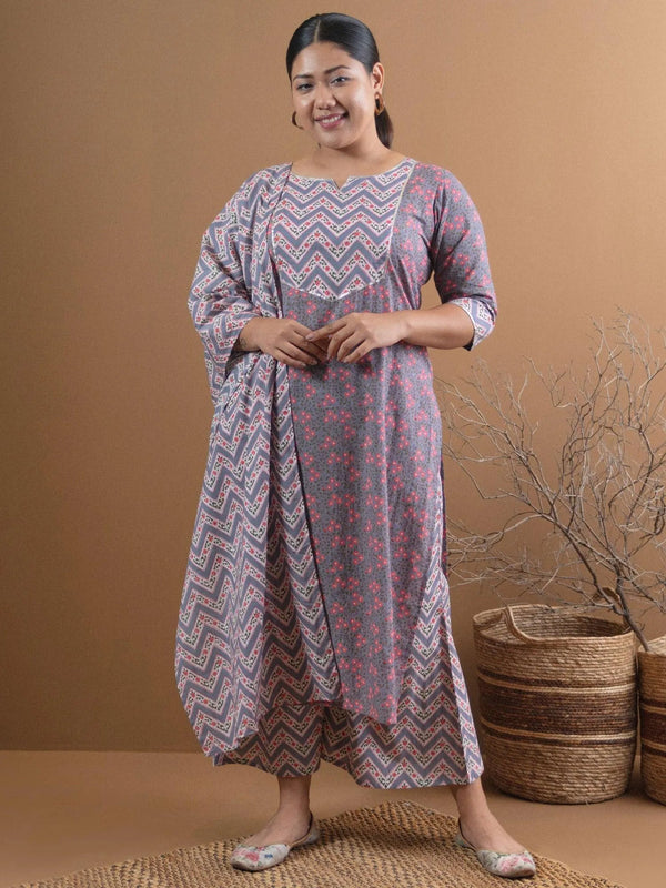 Plus Size Grey Printed Cotton Suit Set - Jashvi