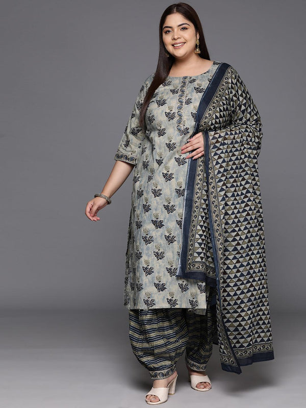 Plus Size Grey Printed Cotton Straight Kurta With Salwar & Dupatta - Jashvi