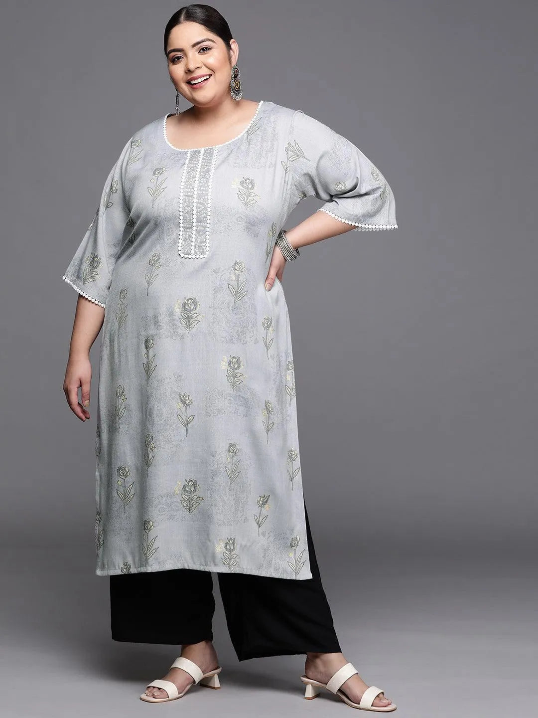 Plus Size Grey Printed Rayon Kurta - Jashvi