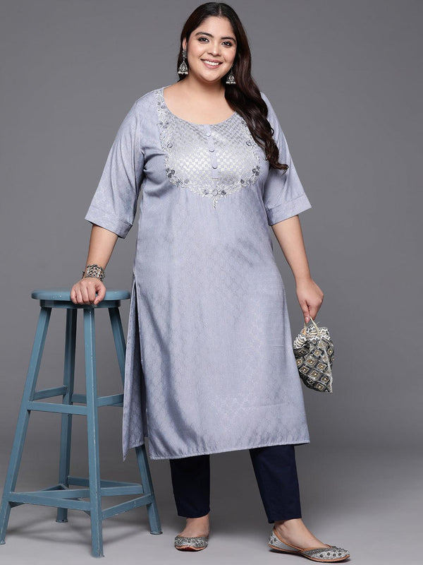 Plus Size Grey Printed Rayon Straight Kurta - Jashvi