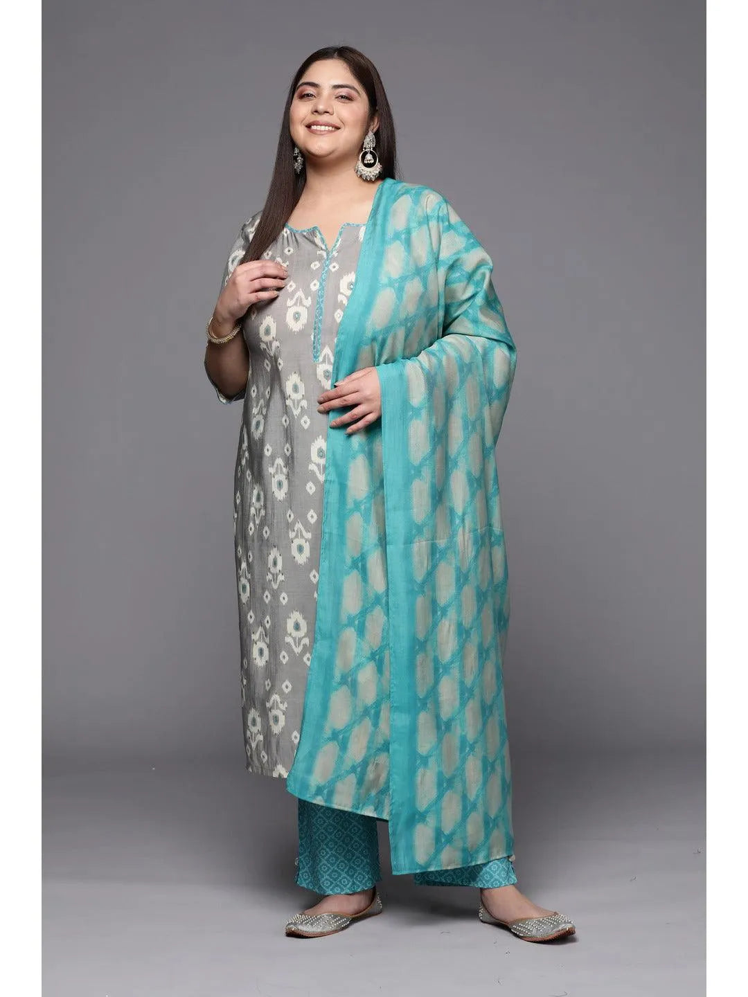 Plus Size Grey Printed Silk Blend Straight Kurta With Trousers & Dupatta - Jashvi