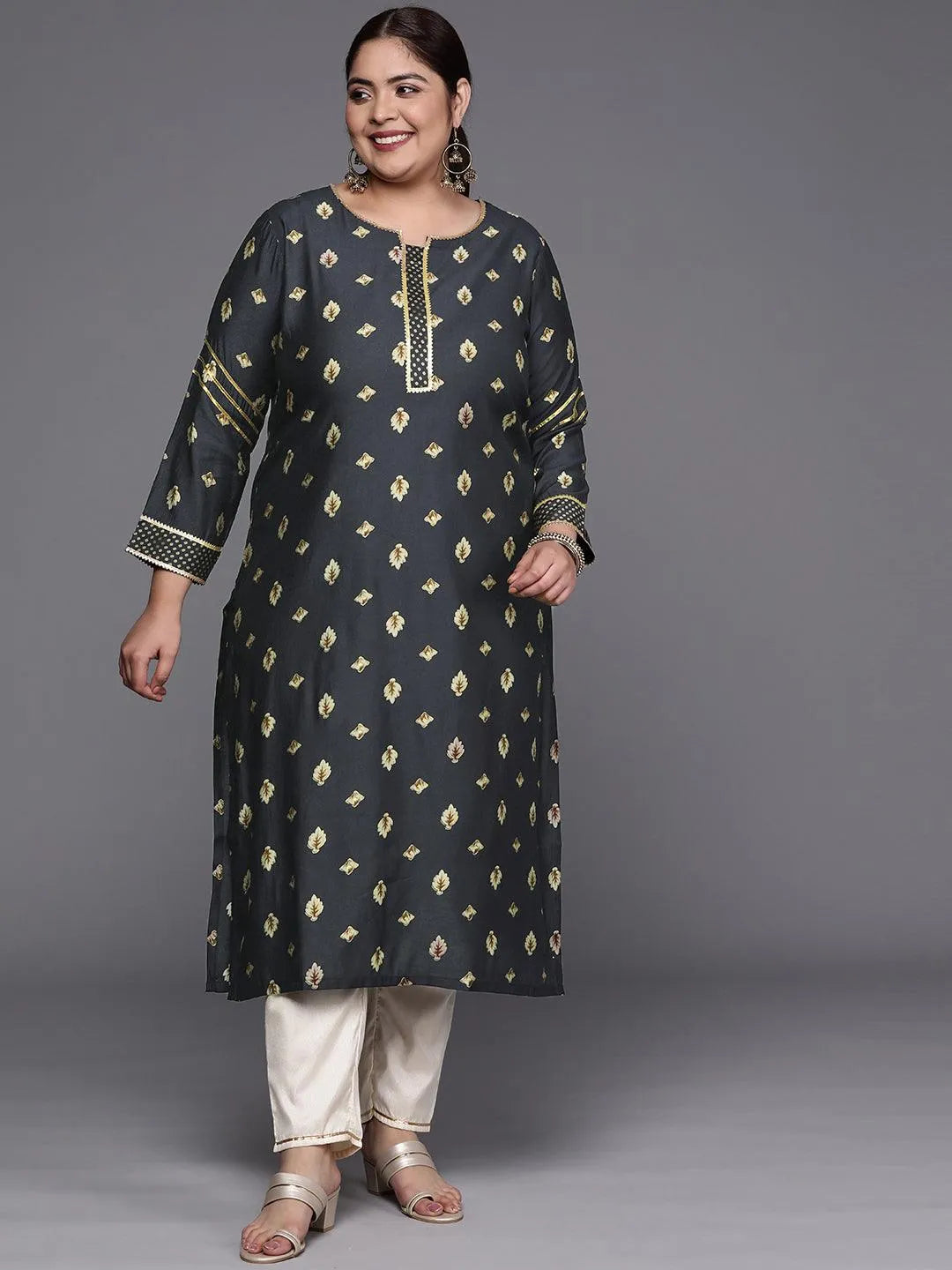 Plus Size Grey Printed Silk Straight Kurta - Jashvi