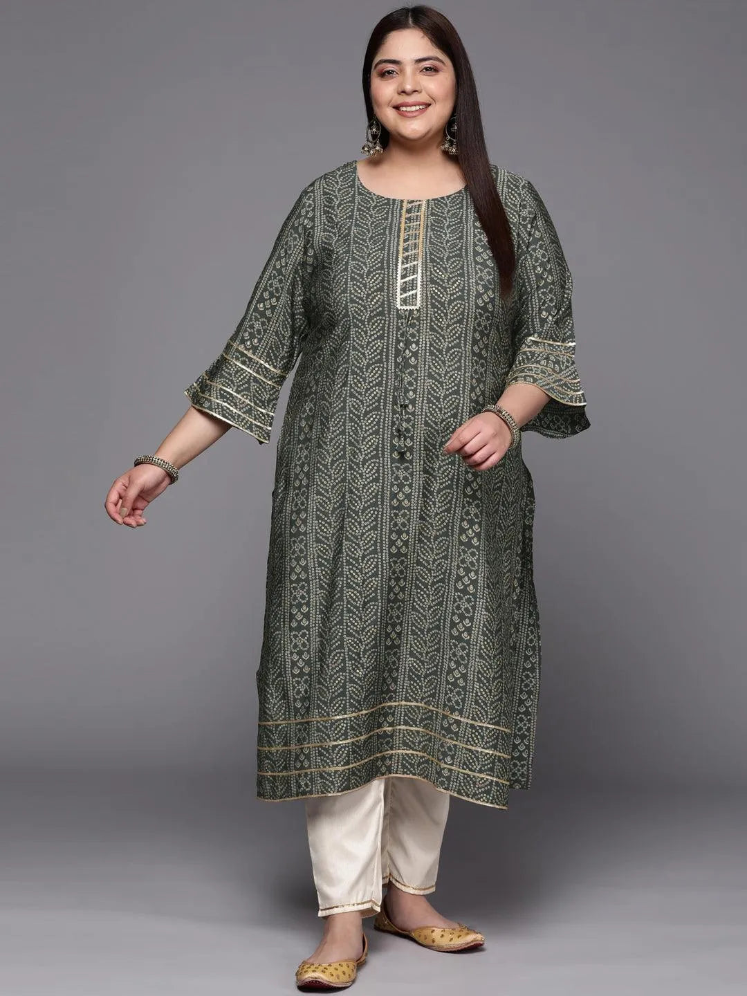 Plus Size Grey Printed Silk Straight Kurta - Jashvi