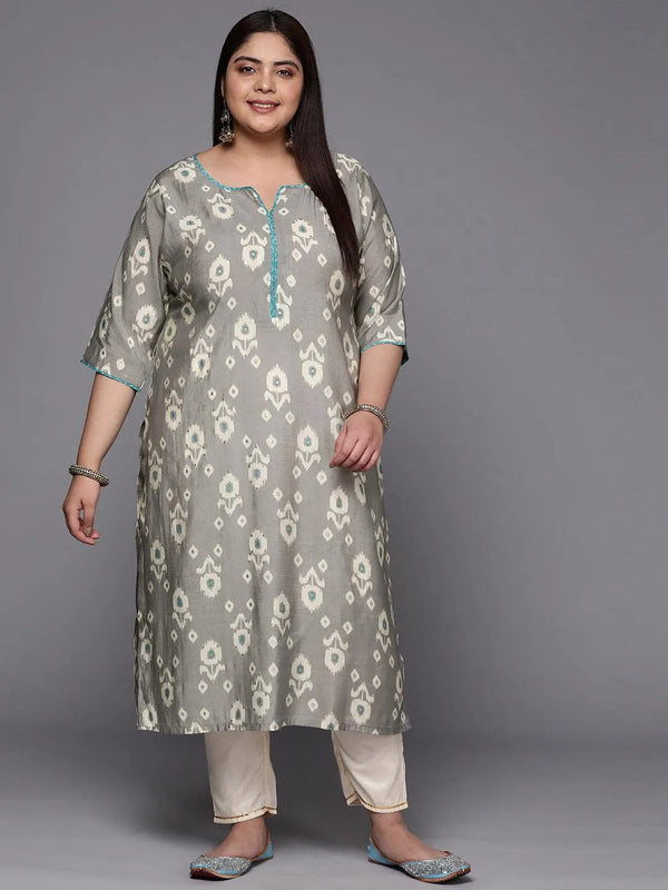 Plus Size Grey Printed Silk Straight Kurta - Jashvi