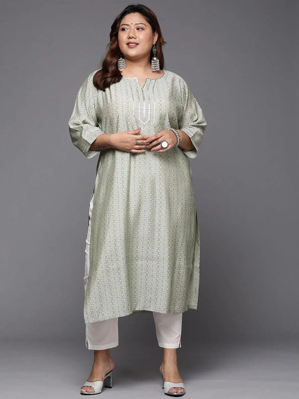 Plus Size Grey Printed Silk Straight Kurta - Jashvi