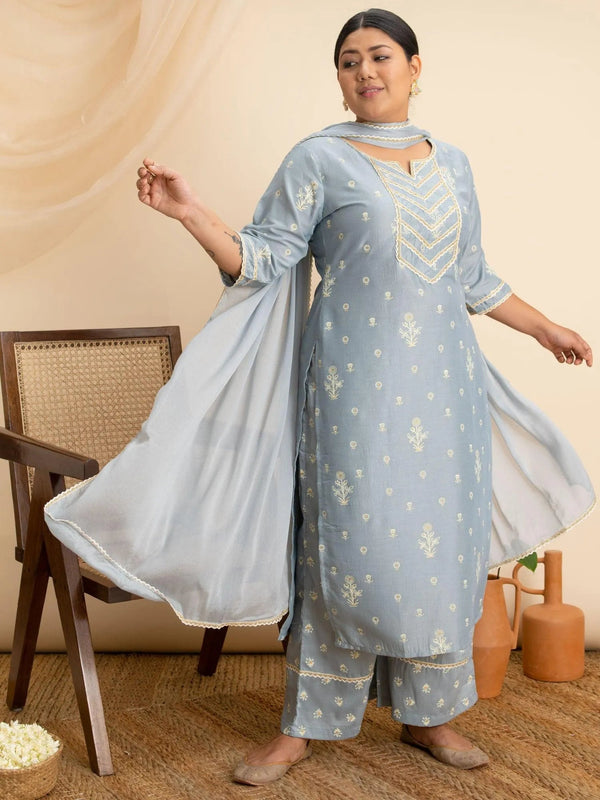 Plus Size Grey Printed Silk Suit Set - Jashvi