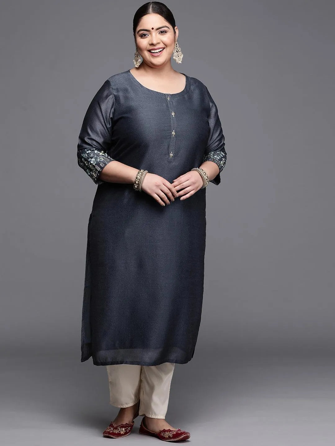 Plus Size Grey Solid Silk Kurta - Jashvi