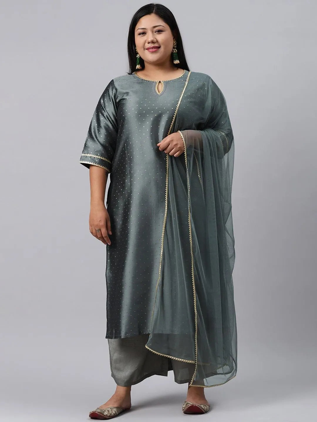 Plus Size Grey Woven Design Art Silk Suit Set - Jashvi