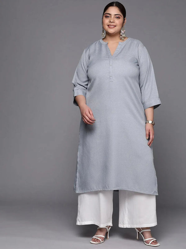 Plus Size Grey Woven Design Rayon Straight Kurta - Jashvi