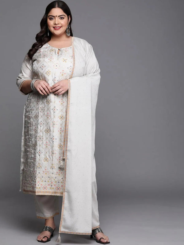 Plus Size Grey Woven Design Silk Blend Suit Set - Jashvi