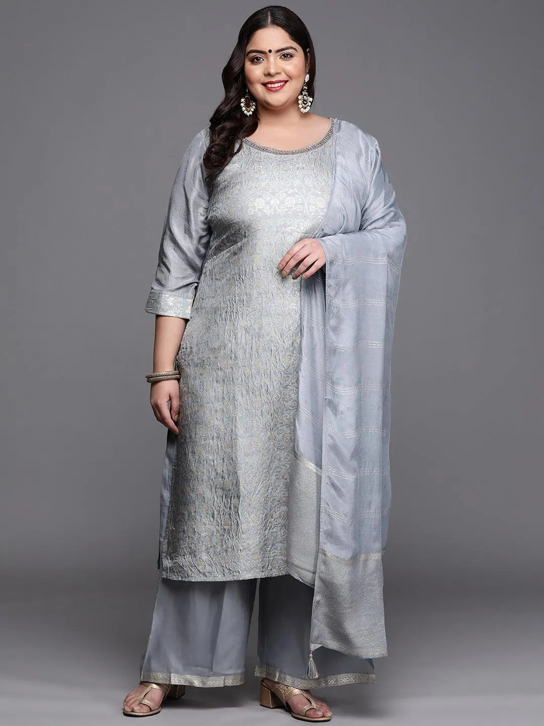 Plus Size Grey Woven Design Silk Blend Suit Set - Jashvi