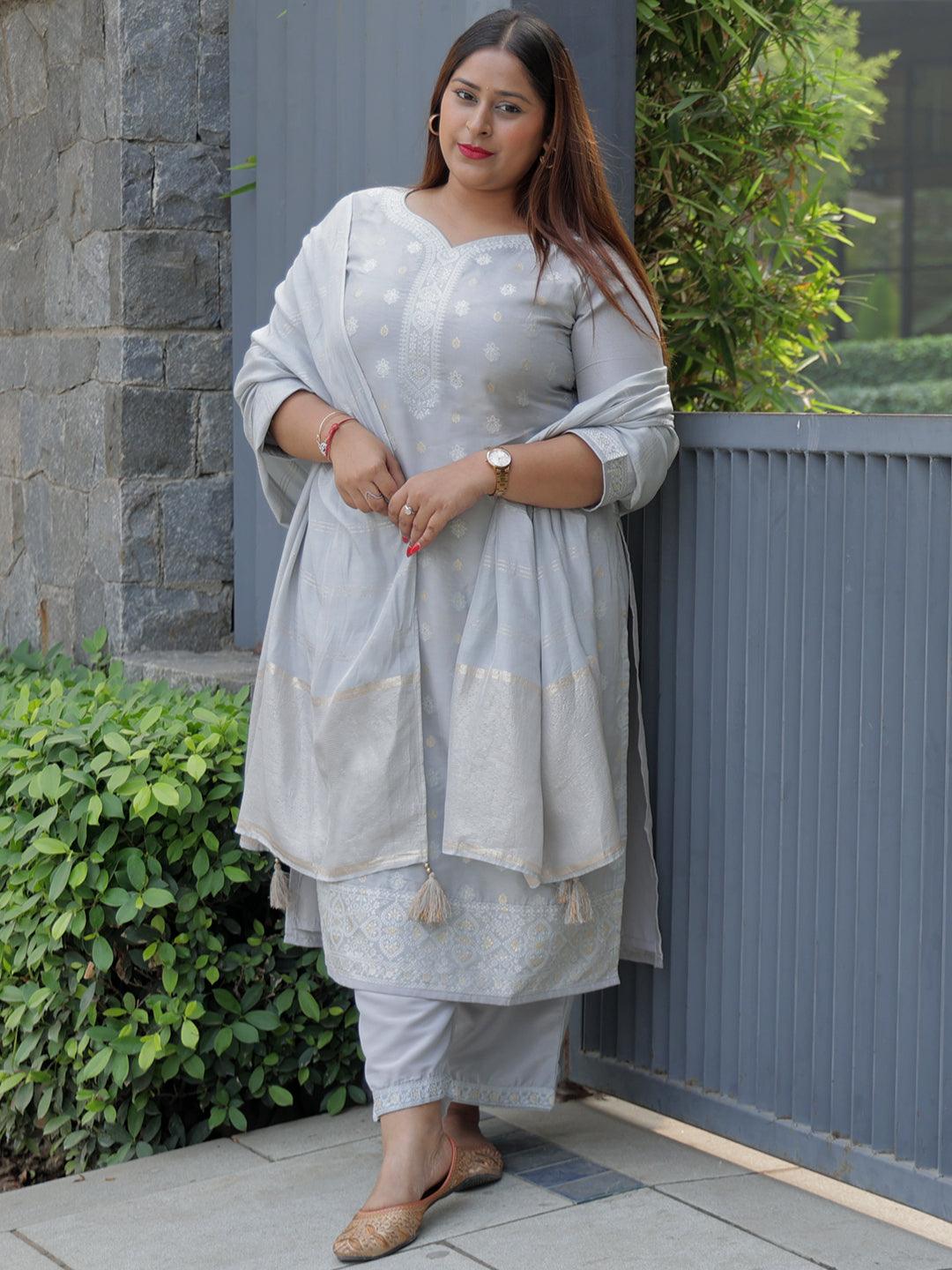 Plus Size Grey Woven Design Silk Blend Straight Kurta With Trousers & Dupatta - Jashvi