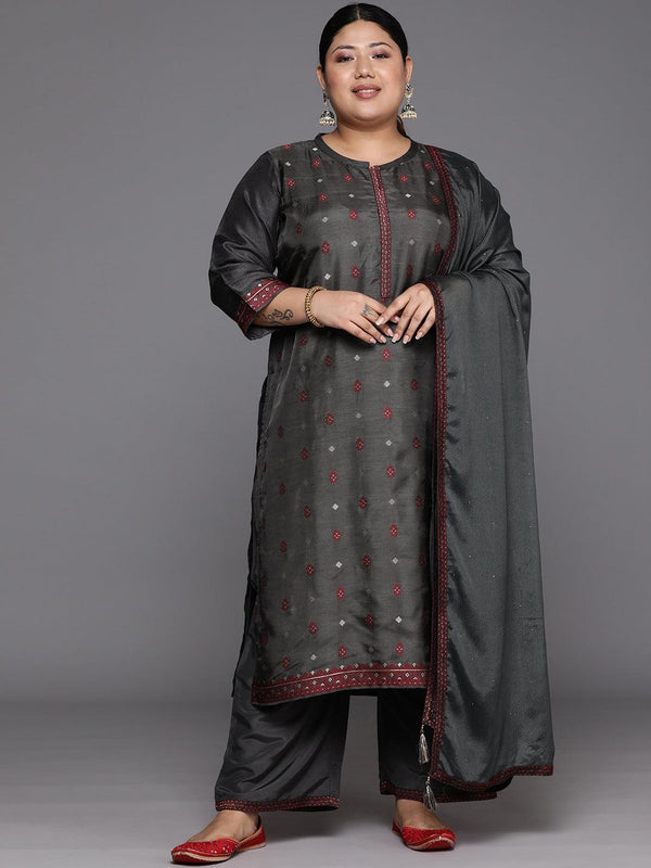 Plus Size Grey Woven Design Silk Blend Straight Suit Set - Jashvi