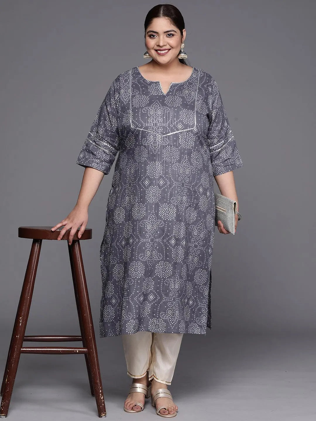 Plus Size Grey Yoke Design Cotton Straight Kurta - Jashvi