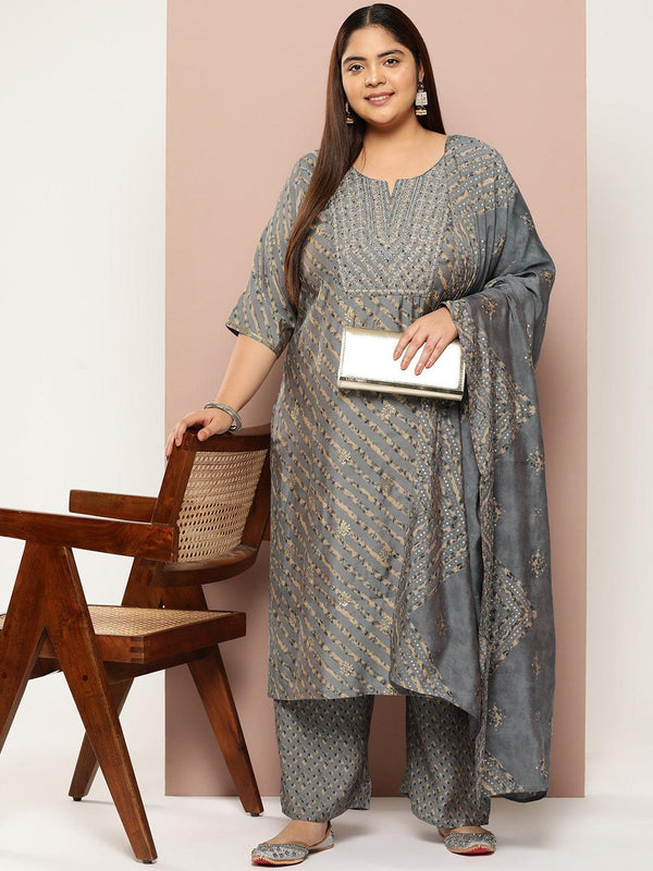 Plus Size Grey Yoke Design Silk Blend Straight Kurta With Trousers & Dupatta - Jashvi