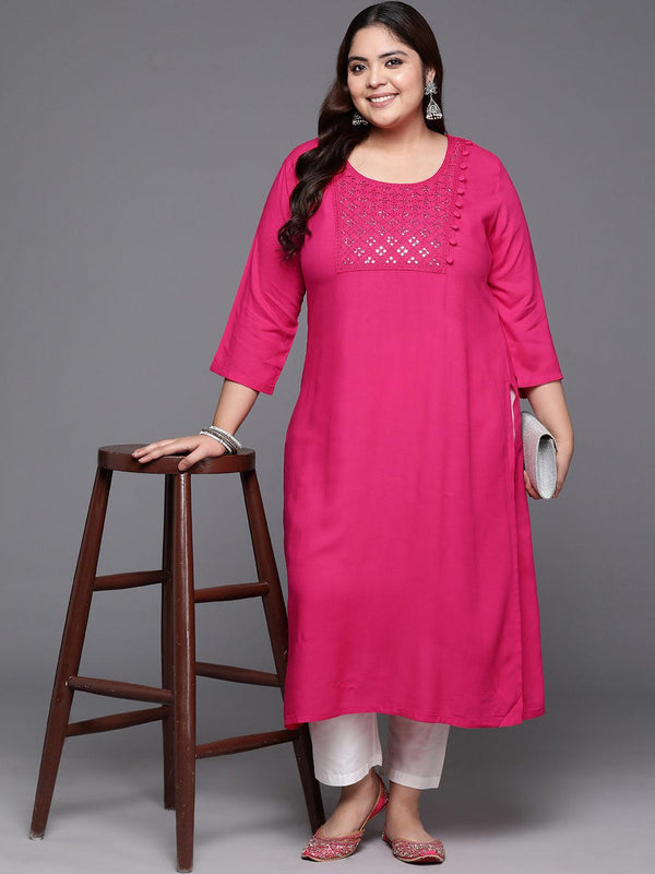 Plus Size Hot Pink Embellished Rayon Straight Kurta - Jashvi