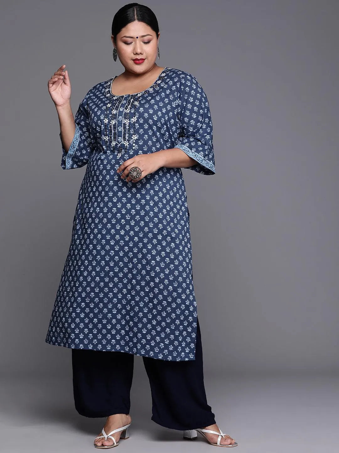 Plus Size Indigo Printed Cotton Kurta - Jashvi