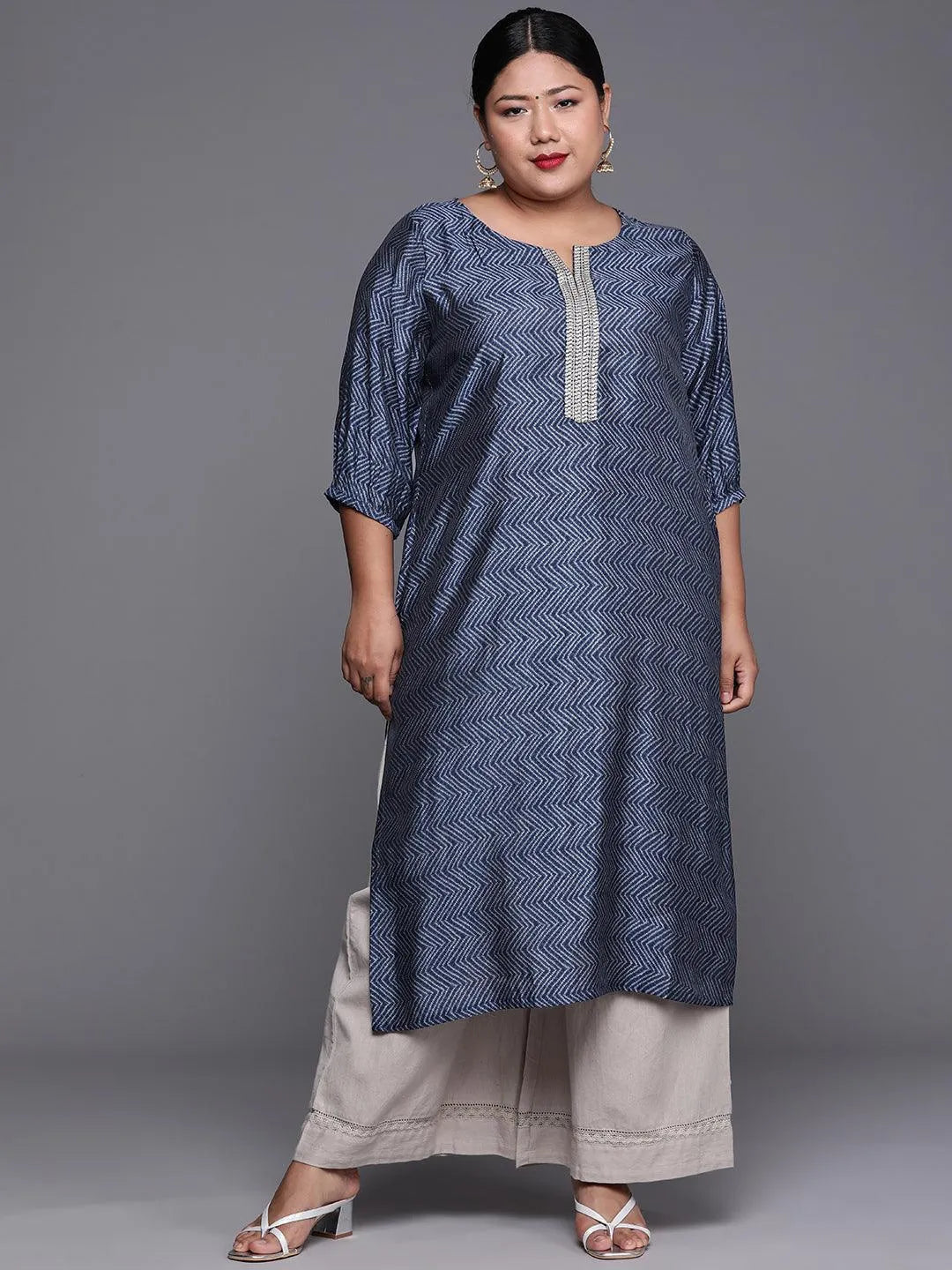 Plus Size Indigo Printed Silk Kurta - Jashvi