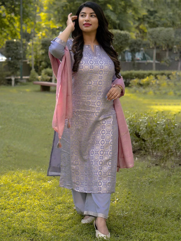 Plus Size Lavender Woven Design Silk Blend Suit Set - Jashvi