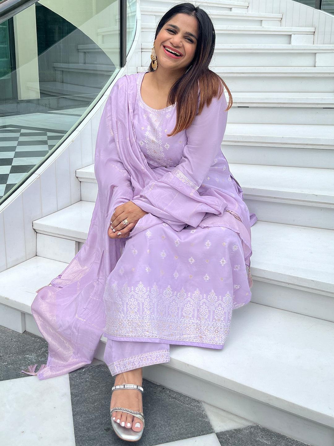 Plus Size Lavender Woven Design Silk Blend Straight Kurta With Trousers & Dupatta - Jashvi