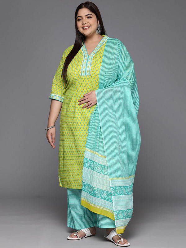 Plus Size Lime Green Printed Cotton Straight Kurta With Trousers & Dupatta - Jashvi