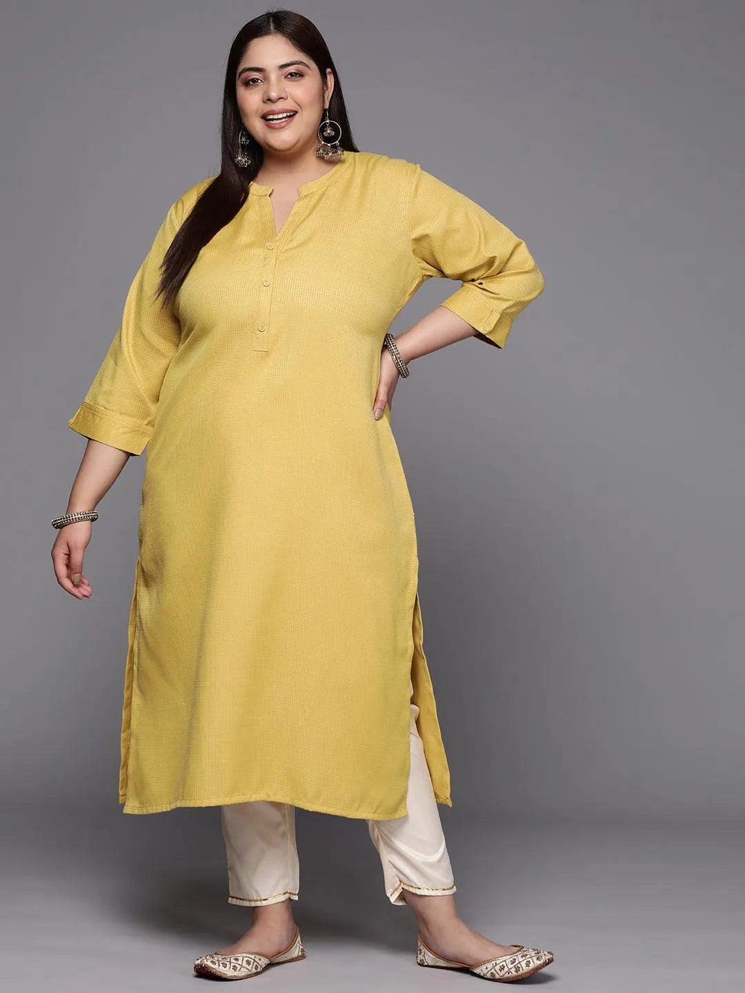 Plus Size Lime Green Woven Design Rayon Straight Kurta - Jashvi