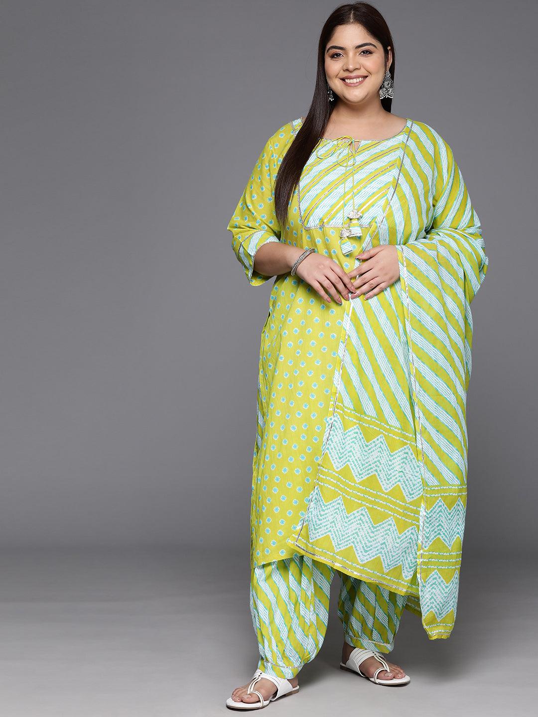 Plus Size Lime Green Yoke Design Cotton Straight Kurta With Salwar & Dupatta - Jashvi