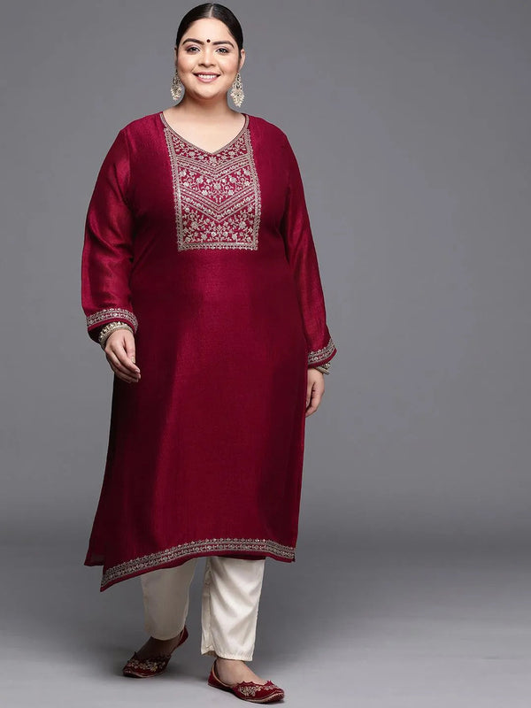 Plus Size Magenta Yoke Design Silk Kurta - Jashvi