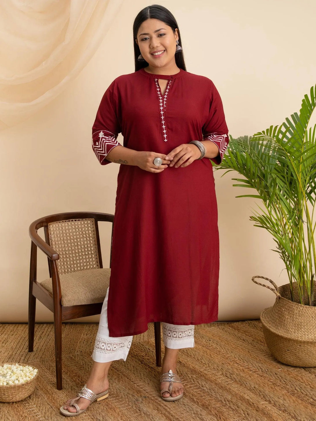 Plus Size Maroon Embroidered Rayon Kurta - Jashvi