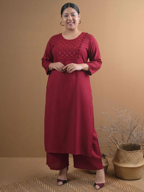 Plus Size Maroon Embroidered Rayon Kurta - Jashvi