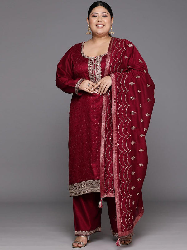 Plus Size Maroon Embroidered Silk Blend Straight Suit Set - Jashvi