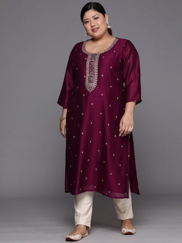 Plus Size Maroon Embroidered Silk Straight Kurta - Jashvi