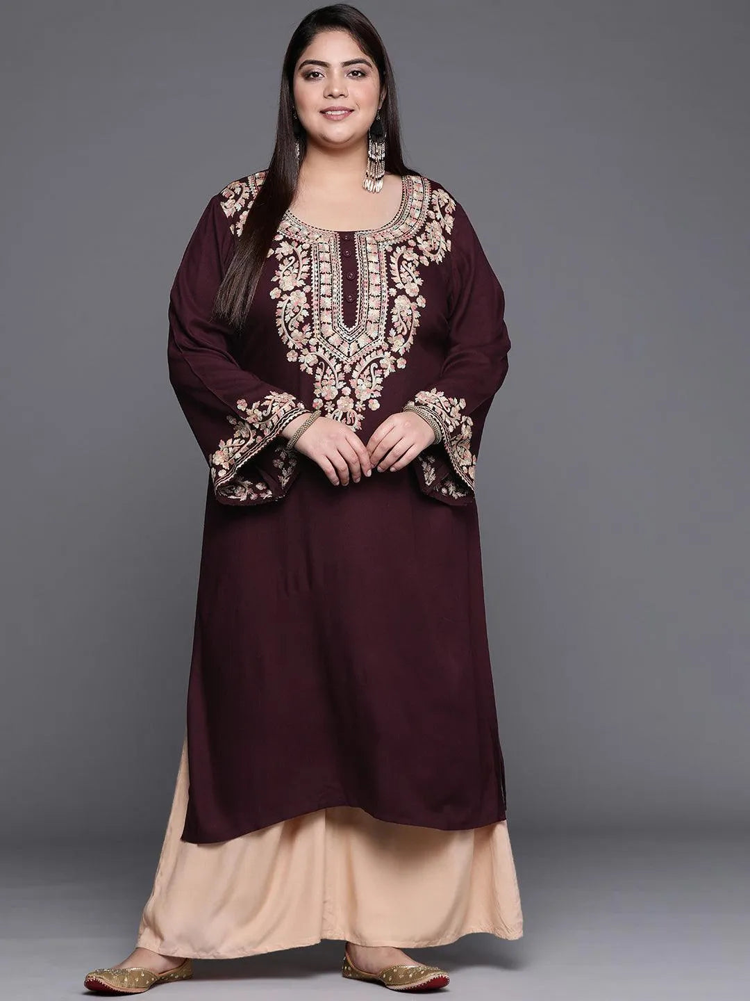 Plus Size Maroon Embroidered Wool Kurta - Jashvi