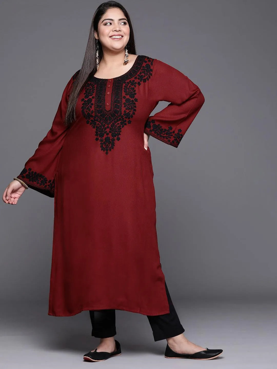 Plus Size Maroon Embroidered Wool Kurta - Jashvi