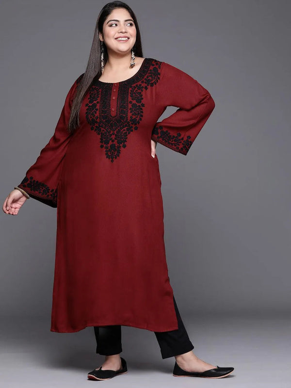 Plus Size Maroon Embroidered Wool Kurta - Jashvi