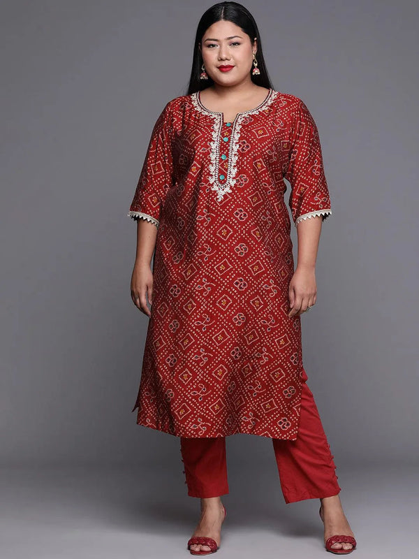 Plus Size Maroon Printed Chanderi Silk Kurta - Jashvi