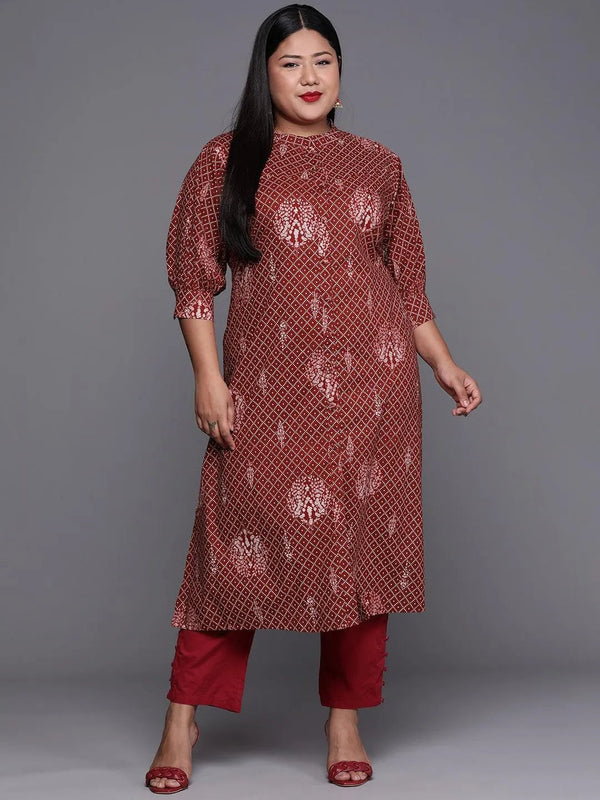 Plus Size Maroon Printed Cotton Kurta - Jashvi