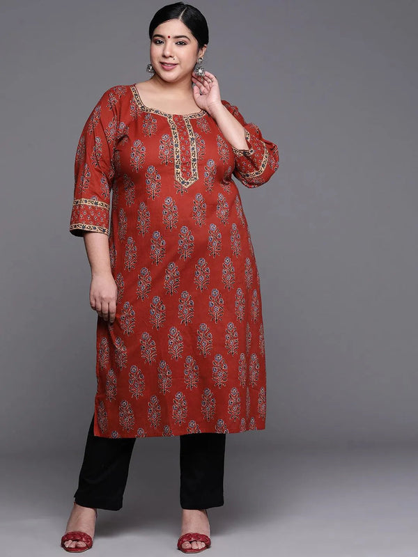 Plus Size Maroon Printed Cotton Kurta - Jashvi