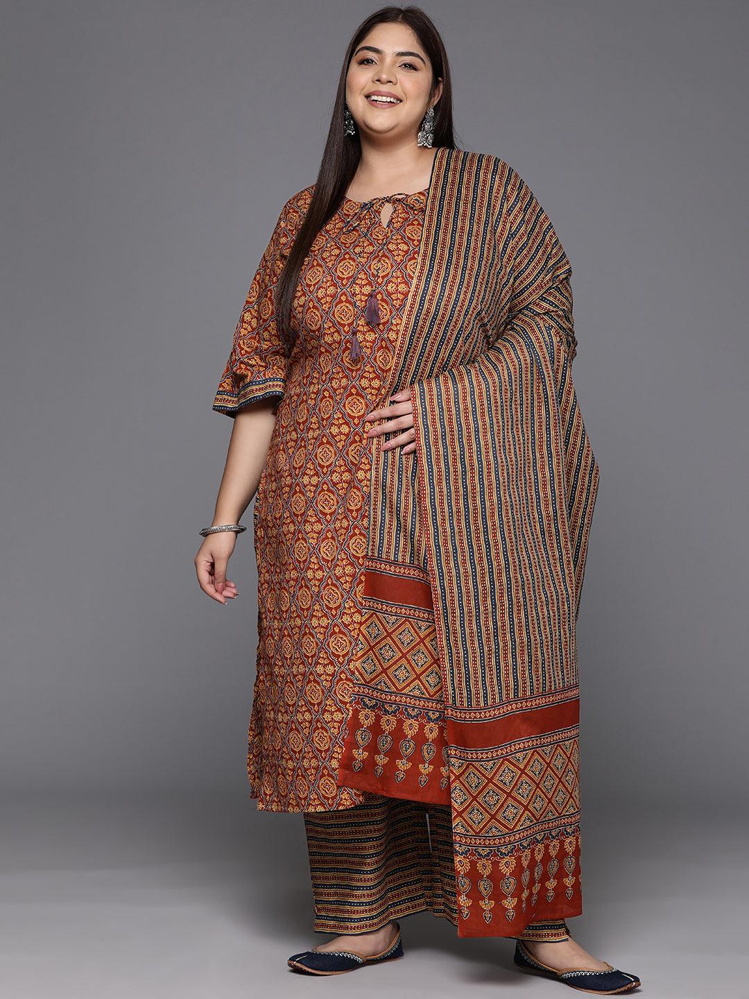 Plus Size Maroon Printed Cotton Straight Kurta With Trousers & Dupatta - Jashvi