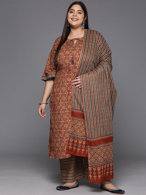 Plus Size Maroon Printed Cotton Straight Kurta With Trousers & Dupatta - Jashvi